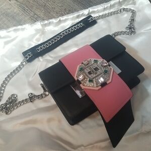 Prada Pink Black City Calf Leather & Crystal Ribbons Crossbody Bag Silver  Chain